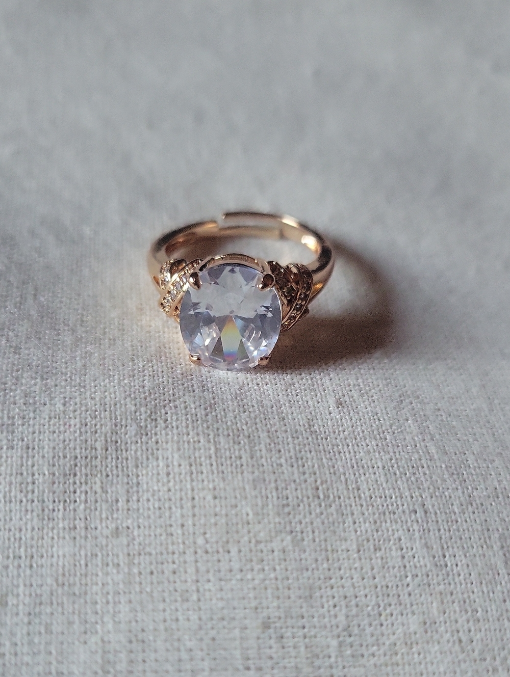 Rose Gold Plated Adjustable Crystal Cocktail Ring - Clear CZ Stone